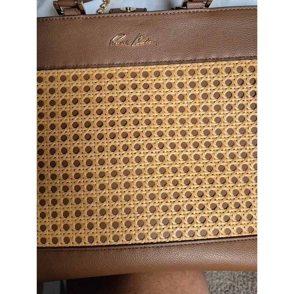 Anne Klein Large Brown Caining Tote Bag Chain Accent Strap Wristlet Chic Stylish
